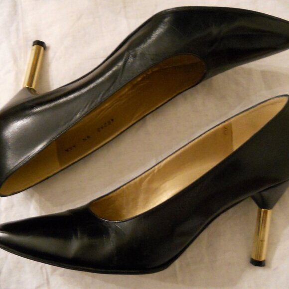 STUART WEITZMAN Black LEATHER Pumps 9 AAA VTG Hexagon High Heel Stiletto Shoes - Picture 10 of 14